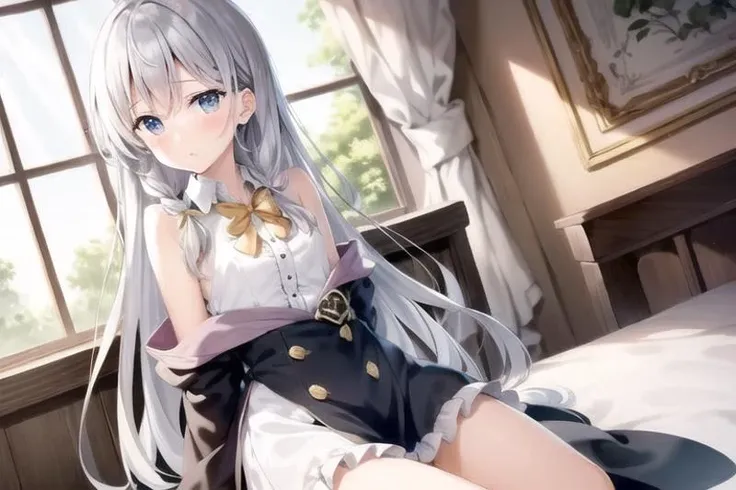 masterpiece, best quality, ultra-detailed, illustration, 1girl, (EMB_elaina-no-hat:0.9), ((cropped arms)), white shirt, skinny, flat chest, silver hair