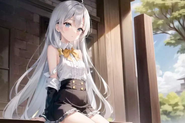 masterpiece, best quality, ultra-detailed, illustration, 1girl, (EMB_elaina-no-hat:0.9), ((cropped arms)), white shirt, skinny, flat chest, silver hair