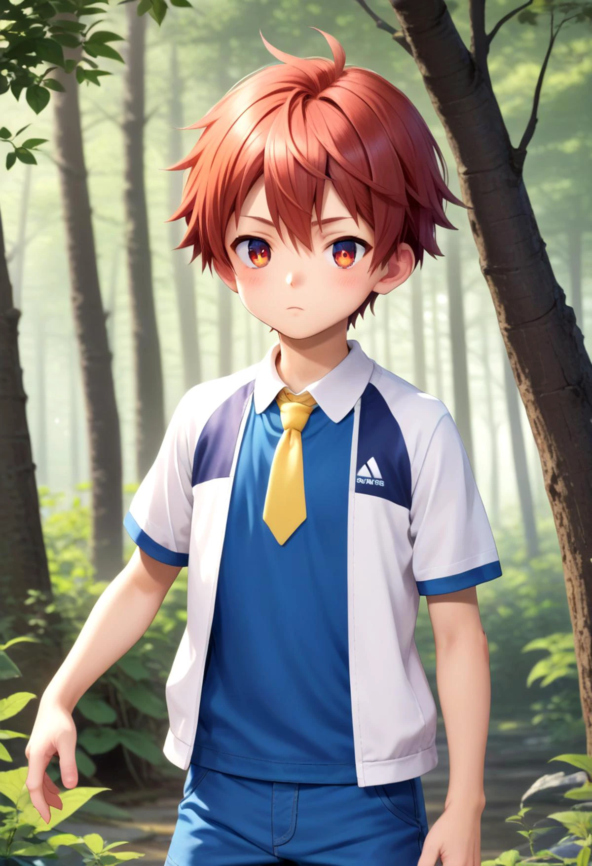 score_9, score_8_up, score_7_up, detailed eyes, forest, BREAK
straight on shot, standing, <lora:PerfectEyesXL:0.8> perfecteyes, sfw, petite,
<lora:Tsurumi_Tsubasa_XL:0.7> TsurumiTsubasa, 1boy, soro, red hair, red eyes, short hair, slant eyes. blue shorts, Yellow necktie, blue open sleeveless jacket