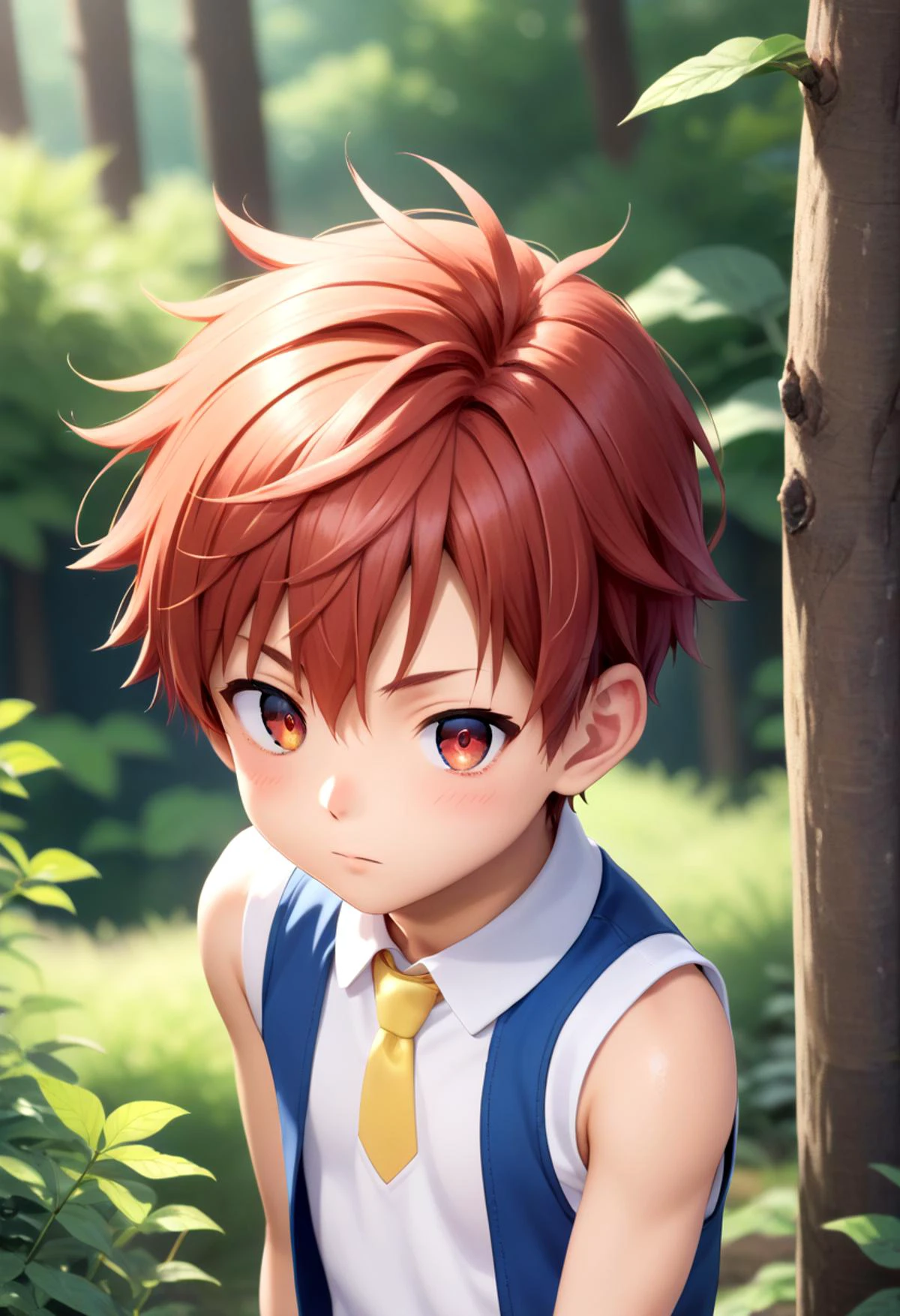 score_9, score_8_up, score_7_up, detailed eyes, forest, BREAK
straight on shot, standing, <lora:PerfectEyesXL:0.8> perfecteyes, sfw, petite,
<lora:Tsurumi_Tsubasa_XL:0.7> TsurumiTsubasa, 1boy, soro, red hair, red eyes, short hair, slant eyes. blue shorts, Yellow necktie, blue open sleeveless jacket