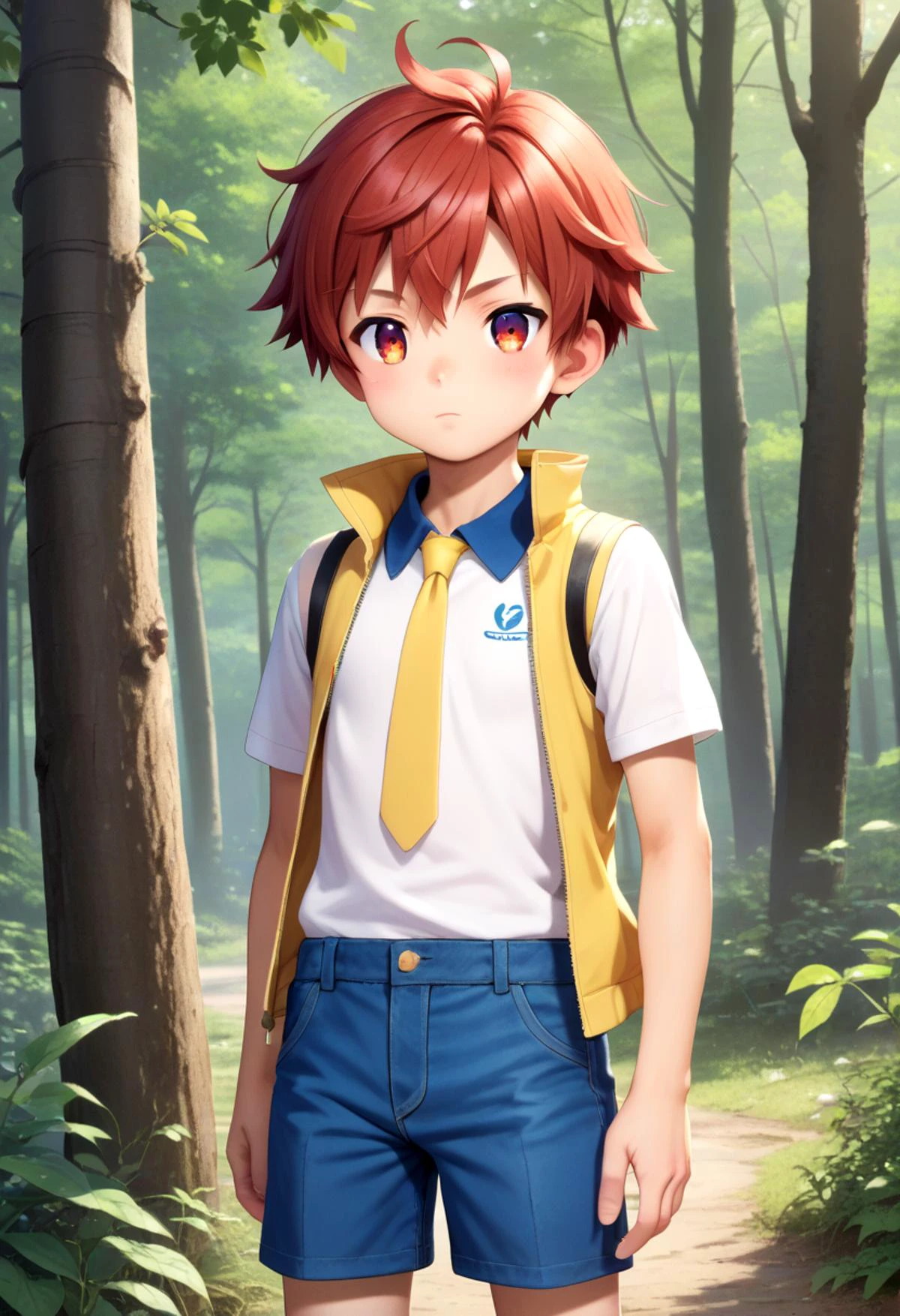 score_9, score_8_up, score_7_up, detailed eyes, forest, BREAK
straight on shot, standing, <lora:PerfectEyesXL:0.8> perfecteyes, sfw, petite,
<lora:Tsurumi_Tsubasa_XL:0.7> TsurumiTsubasa, 1boy, soro, red hair, red eyes, short hair, slant eyes. blue shorts, Yellow necktie, blue open sleeveless jacket