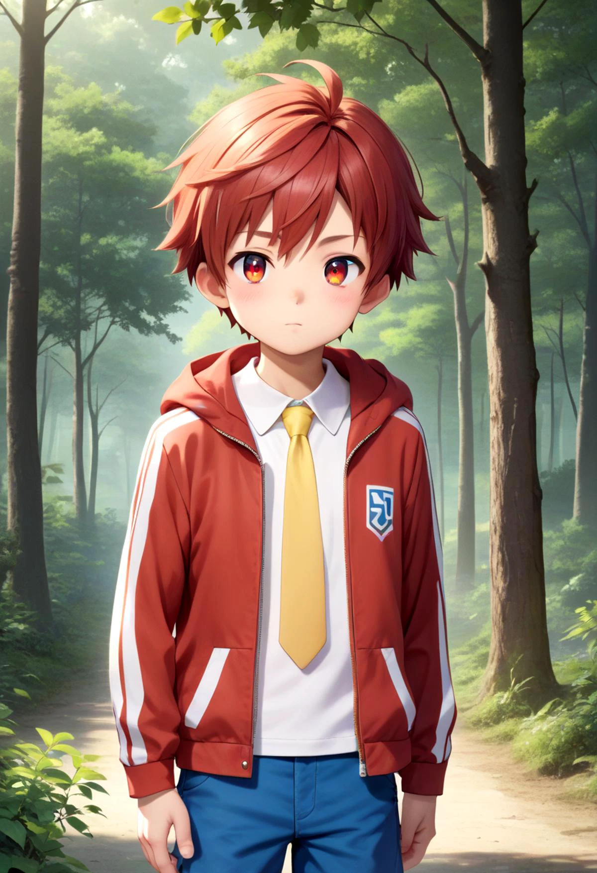 score_9, score_8_up, score_7_up, detailed eyes, forest, BREAK
straight on shot, standing, <lora:PerfectEyesXL:0.8> perfecteyes, sfw, petite,
<lora:Tsurumi_Tsubasa_XL:0.7> TsurumiTsubasa, 1boy, soro, red hair, red eyes, short hair, slant eyes. blue shorts, Yellow necktie, blue open sleeveless jacket