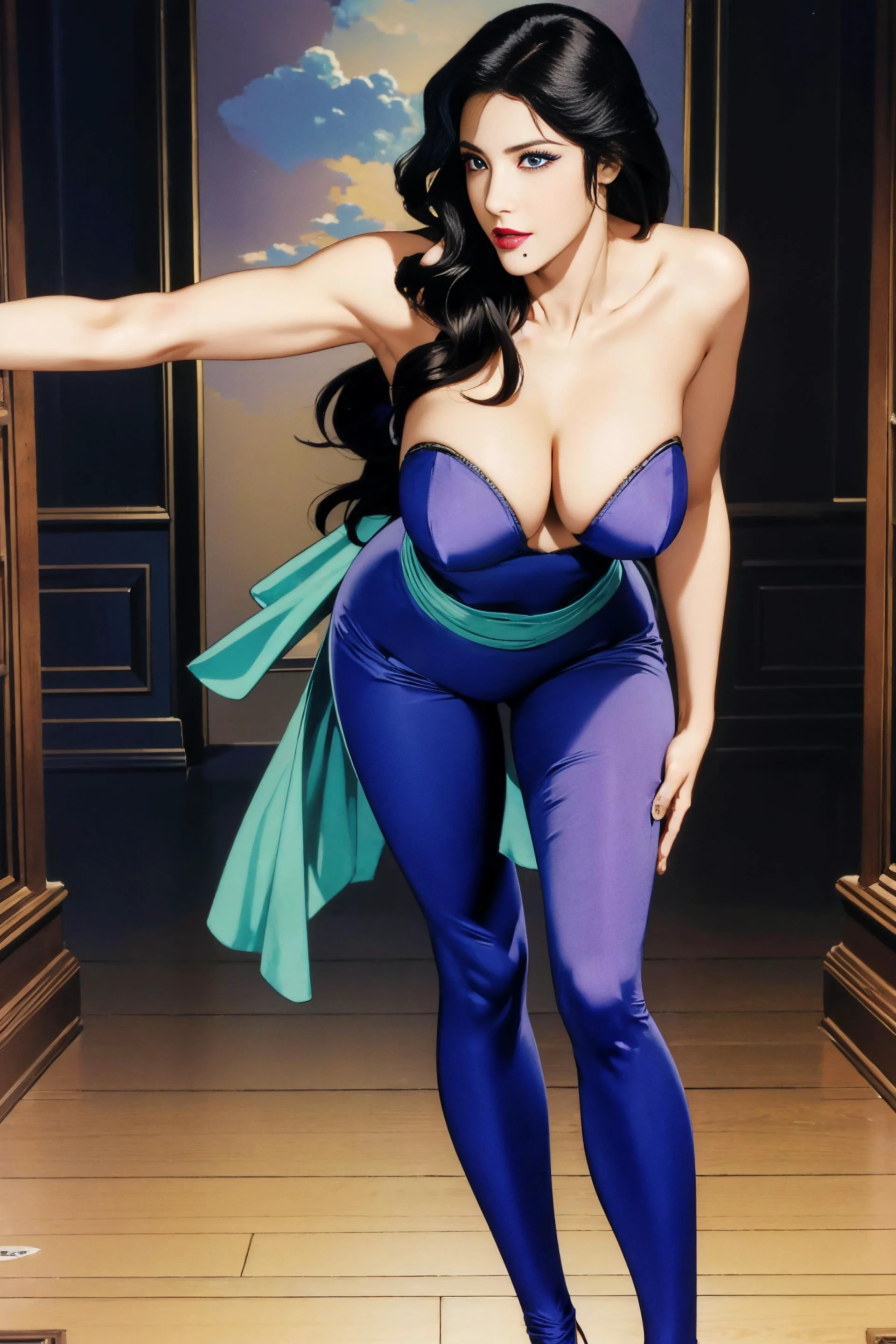 ((masterpiece)), best quality, highly detailed, absurdres, 8K, amazing, extremely detailed, fine detail, NSFW, (extremely intricate:1.2), (extremely delicate), highly detailed,
<lora:RuiKisugi001:0.55>, RuiKisugi, 1woman, long hair, wavy hair, black hair, eyelashes, blue eyes, lipstick, purple bodysuit, strapless, sleeveless, green sash,
1girl, (full body:1.2), (fighting_stance:1.3), extremely detailed face, nice detailed eyes, perfect eyes, seductive eyes, beautiful detailed eyes, Small mouth, seductive_smile, milf, mature female, nine-headed body, slender, makeup, big breasts, (museum:1.3), (ulzzang-6500-v1.1),
<lora:GoodHands-beta2:1.1>, detailed fingers, perfect hands,
<lora:Tsukasa Hojo:0.35>,
<lora:北条司_beitiaosi_城市猎人_猫眼_v1.0:0.25>,
<lora:mature_female_Style_V2:1>,
<lora:zengli:0.2>