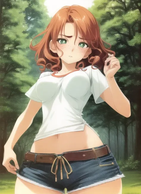 (absurdres), masterpiece, best quality, sharp focus, soft lighting, (full shot), (realistic), (cowboy shot), (beautiful) (petite:1.21) (large breasts:0.96), (large breasts:0.8), stunningly attractive (tomboy) girl, (playful:1.2), (aroused:1.3), nature backdrop, ( red very short wavy hair:1.21), (amazing feminine face:1.21), (detailed freckles:0.96), (beautiful realistic green eyes:1.21), (small nose:1.11), (narrow waist:1.31), (wide hips:1.11), (thick thighs:1.01), (long legs), (excellent hands fingers thumbs:1.16), (Yoji Shinkawa:1.01), (Raymond Leech:1.11), (Range Murata:1.11), (Alena Aenami:1.01), (Pascal Campion:1.16), (Rebecca Guay:1.11), (Sparth:1.01), (r/eyes:1.21), (confident expression:1.21), (nose blush:0.81), (cleavage:0.81) (elegant) (intricate) (cute:1.01) tight t-shirt, exposed midriff, (shorts:1.21), (pixie cut:1.21)
<lora:ixy442_v10:0.9>