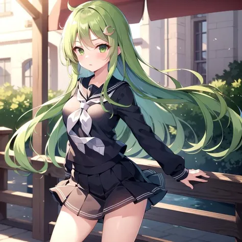masterpiece, best quality, beautiful background,outdoors, 1girl, solo, green hair, green eyes, sailor uniform, miniskirt <lora:Nagatsuki:1>