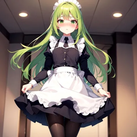 masterpiece, best quality, beautiful background,indoors,1girl, solo, green hair, green eyes, maid, pantyhose,nose blush,looking away,dynamic pose, <lora:Nagatsuki:0.7>