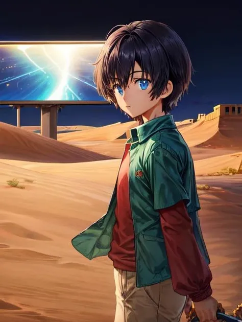 best quality, masterpiece, highres, detailed, perfect anatomy, <lora:Detail - add_detail:0.2>, KoichiDigi, dark blue hair, blue eyes, green jacket, red shirt, beige pants, outdoors, digital world, 1boy, swept bangs, <lora:Koichi-10:1>, holding digivice, screens, sci-fi, desert, ruined city, wind, sand, night, dark energy,