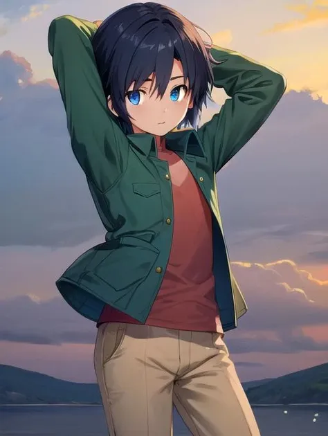 best quality, masterpiece, highres, detailed, perfect anatomy, <lora:Detail - add_detail:0.2>, KoichiDigi, <lora:Koichi-10:1.0>, dark blue hair, blue eyes, green jacket, red shirt, beige pants, outdoors, digital world, 1boy, swept bangs,