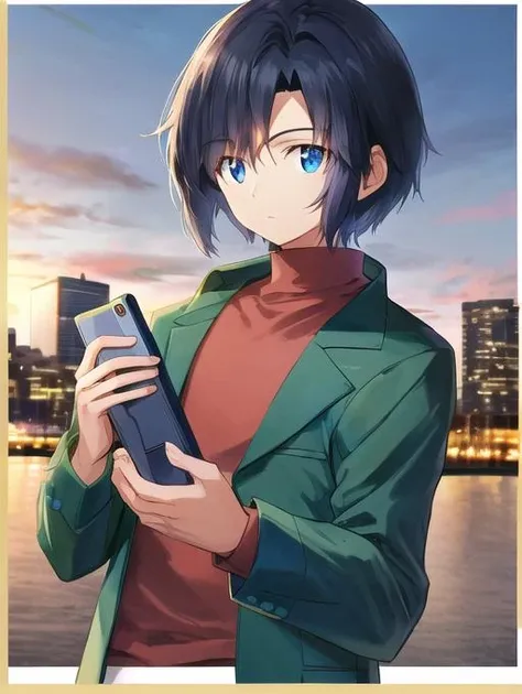 best quality, masterpiece, highres, detailed, perfect anatomy, <lora:Detail - add_detail:0.2>, KoichiDigi, dark blue hair, blue eyes, green jacket, red shirt, beige pants, outdoors, digital world, 1boy, swept bangs, <lora:Koichi-10:1>, holding digivice, screens, sci-fi,