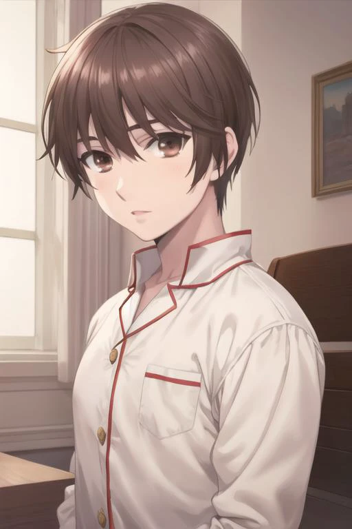 masterpiece, best quality, high quality, 1boy, solo, male focus, looking at viewer, upper body, <lora:shingo_ichinomiya:0.80>, shingo_ichinomiya, brown hair, brown eyes, realistic, pajamas