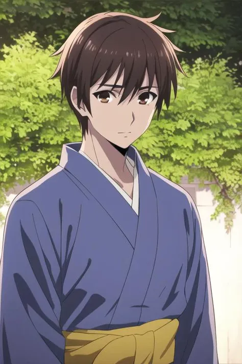 masterpiece, best quality, high quality, 1boy, solo, male focus, looking at viewer, upper body, <lora:shingo_ichinomiya:0.72>, shingo_ichinomiya, brown hair, brown eyes, realistic, yukata