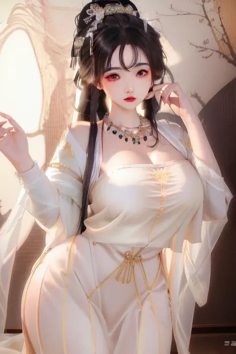 1girl, (upon body:1), hair ornament, necklace,intricate jewelry, long hair, earrings, highres, (incredibly absurdres:1.3),(extremely detailed cg unity 8k wallpaper:1.2),hair ribbon,(Beautiful face:1.2),detailed beautiful eyes,(gigantic breasts, cleavage,curvy:1.3), skinny body,shiny skin,Slim waist,pale skin, (Intricate and refined delicate details:1.2), toned abs, <lora:real25dLikeness_v10:0.4>,<lora:oft1_V1:0.3>, <lora:hanfu-000003:1>