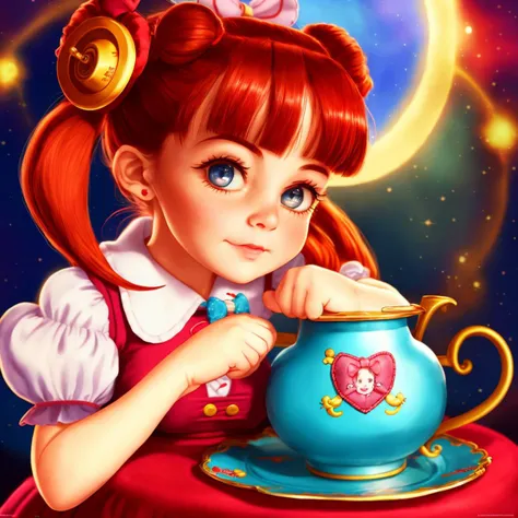 Style-CryBaby adorable girl with make believe friends, teaparty (masterpiece) (best quality) (detailed) (8k) (HDR) (wallpaper) (cinematic lighting) (sharp focus) (intricate)
