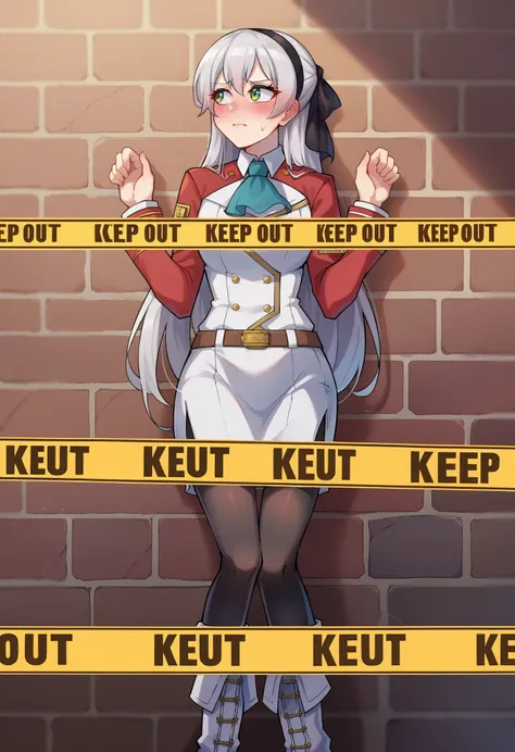 ScorEmCo-v1,source_anime,
BREAK
wall,BGEmbDet-v1,
BREAK
bdsm, keep out, caution tape, convenient censoring , bound with tape, against wall, suspended in midair,
zeroElie, black hairband, hair ribbon, long hair, ascot, uniform, long red sleeves, white dress, pencil skirt, belt, black pantyhose, white boots, blush, looking away, legs together,
BREAK
keep out, caution tape,
<lora:KeepOut_XLPD:1>
<lora:elie-pdxl-nvwls-v1:0.9>,