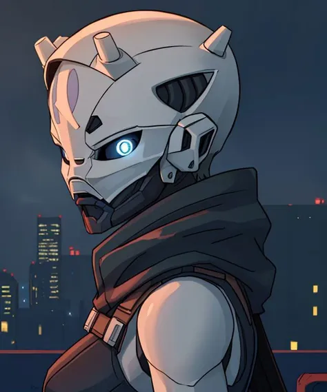 (masterpiece, beautiful:1.15), <lora:ExoStranger-V3.3:0.8>, exo stranger:1.25, 1girl, solo, robot humanoid:1.15, portrait, close-up, from side, stranger outfit:1.2, forehead marking:1.2, glowing eyes:0.5, closed mouth, looking at viewer, breasts:0.5, outdoors, cyberpunk skyline, skyline, cyberpunk, night