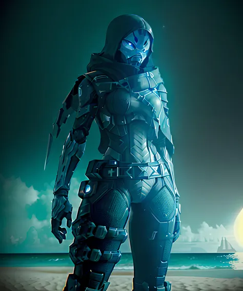 <lora:Exo Stranger:0.8>, Exo Stranger standing on the beach:1.3, white Exo Stranger face, body covered by her futuristic suit and her hood, articulation points, detailed face, hyper-realistic:1.2, sharp lines, high contrast, detailed, looking at the viewer, masterpiece:1.3