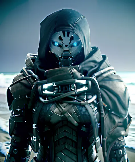<lora:Exo Stranger:0.8>, Exo Stranger standing on the beach:1.3, white Exo Stranger face, body covered by her futuristic suit and her hood, articulation points, detailed face, hyper-realistic:1.2, sharp lines, high contrast, detailed, looking at the viewer, masterpiece:1.3
