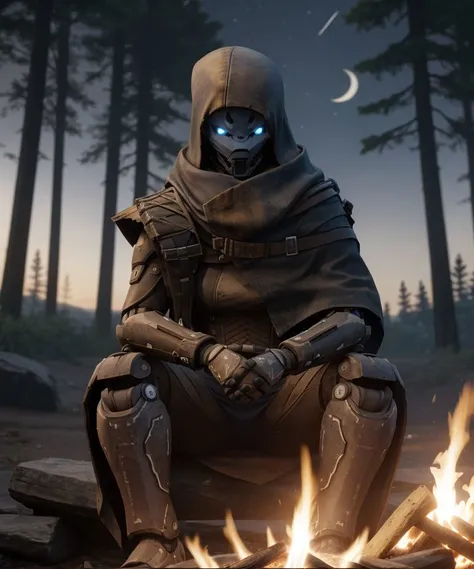 (masterpiece, beautiful:1.15), realistic, photorealistic, <lora:ExoStranger-V3.3:0.8>, exo stranger:1.25, 1girl, solo, robot humanoid, stranger outfit:1.35, forehead marking:1.15, glowing eyes:0.5, closed mouth, warming hands, hood, belt, outdoors, night, stars, sky, forest, sitting next to campfire