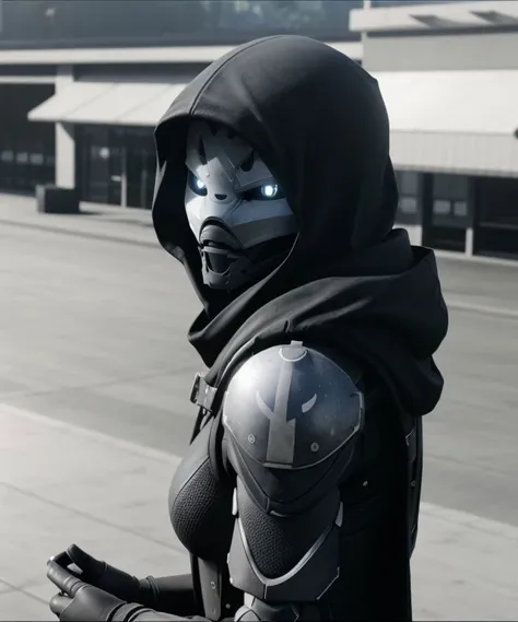 (masterpiece, beautiful:1.15), realistic, photorealistic, <lora:ExoStranger-V3.3:0.8>, exo stranger:1.25, 1girl, solo, robot humanoid, from above, stranger outfit:1.35, forehead marking:1.15, glowing eyes:0.5, closed mouth, looking up, looking at viewer, hood, belt, outdoors, outside of a convenience store, cctv camera footage, grayscale