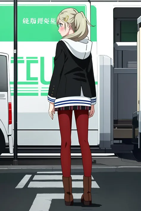 <lora:é«å·æ1V-000009:0.6>,é«å·æ,1girl,hair ornament,solo,hairclip,twintails,
shuujin academy school uniform,open jacket,hoodie,black jacket,open clothes,hooded cardigan,hood down,plaid skirt,miniskirt,white hoodie,four-leaf clover,
from from behind,looking away,cowboy shot,
red pantyhose,boots,brown footwear,, Exquisite visuals, high-definition,masterpiece,best quality,