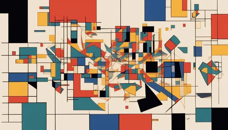 Suprematism, Welsh Jana, Frolicking at a Men,ion, abstract, limited color palette, geometric forms, Suprematism