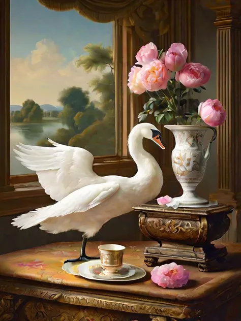 Neo-classical oil painting of an elegant swan gliding over a tranquil lake, paired with a refined still life of porcelain teacups and a classical urn filled with peonies, by Jacques-Louis David and Jean-Auguste-Dominique Ingres, cinematic composition, trending on ArtStation.
