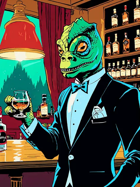 trandoshan alien in a tuxedo ordering a whiskey<lora:trandoshanV2>