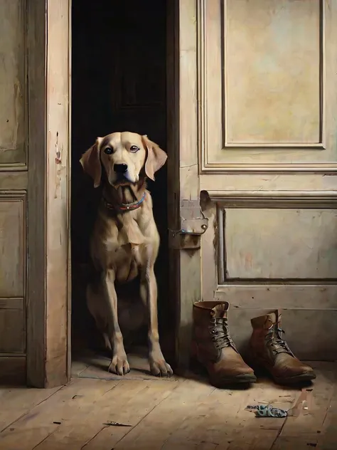 Realist oil painting of a loyal dog waiting by a weathered wooden door, with a meticulously detailed still life of the dog's collar and a well-worn pair of boots beside it, by Gustave Courbet and Jean-Baptiste-Siméon Chardin, cinematic composition, trending on ArtStation.