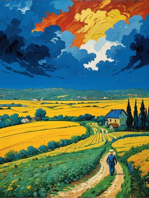 Post-impressionist oil painting of a farmer tending to his fields under a swirling, vivid sky, the bold colors and thick brushstrokes emphasizing the harmony between man and nature, by Vincent van Gogh and Paul Cézanne, cinematic composition, trending on ArtStation. , full body