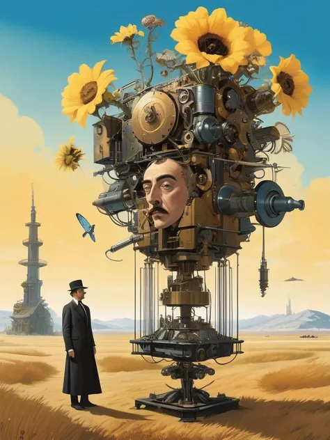 Surrealist full-body portrait of a figure with elements of nature and machinery blending into their form, creating a dream-like fusion of the organic and the industrial, by Salvador Dalí and René Magritte, cinematic composition, trending on ArtStation. , full body