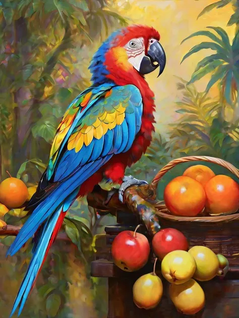 Post-impressionist oil painting of a colorful parrot perched on a tropical branch, with a bold still life of fruits and feathers reflecting the vibrant hues of the bird, by Paul Gauguin and Vincent van Gogh, cinematic composition, trending on ArtStation.