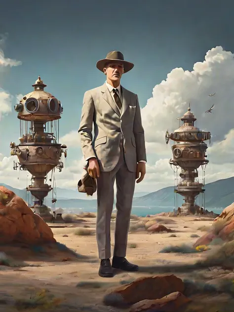 Surrealist full-body portrait of a figure with elements of nature and machinery blending into their form, creating a dream-like fusion of the organic and the industrial, by Salvador Dalí and René Magritte, cinematic composition, trending on ArtStation.