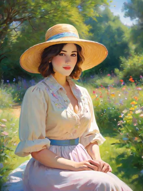 Impressionist oil paint portrait of a sunlit individual wearing a wide-brimmed hat in a blooming garden, capturing the fleeting effects of light and color, by Claude Monet and Pierre-Auguste Renoir, cinematic composition, trending on ArtStation.