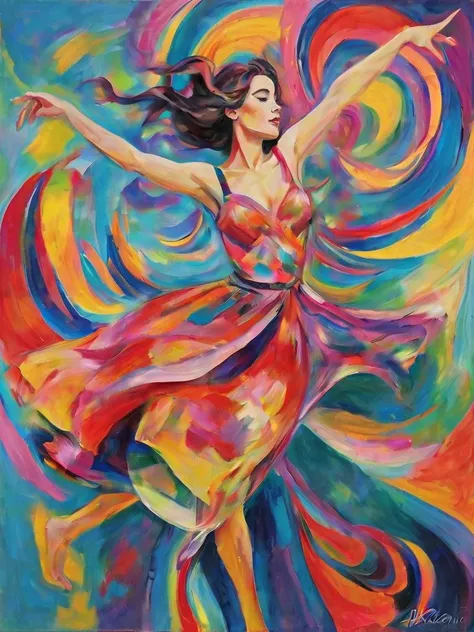 Expressionist oil painting of a dancer lost in the music, her form a swirl of colors that express the intensity of her performance, by Ernst Ludwig Kirchner and Wassily Kandinsky, cinematic composition, trending on ArtStation.
