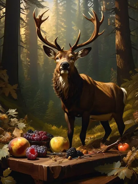 Baroque-style oil painting of a majestic stag in a dense, shadowy forest, its antlers catching the last rays of sunset, paired with a richly textured still life of hunting trophies and forest fruits, by Caravaggio and Willem Claesz Heda, cinematic composition, trending on ArtStation.