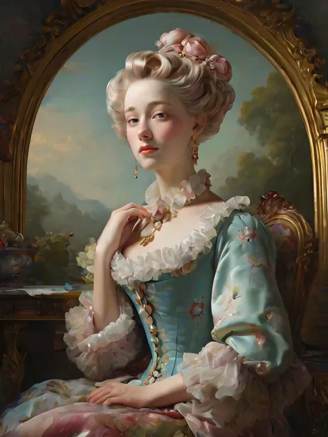 Rococo-inspired oil painting of a noble at a garden party, their elegant stance and luxurious attire detailed amidst a backdrop of playful cherubs and intricate floral arrangements, by François Boucher and Jean-Honoré Fragonard, cinematic composition, trending on ArtStation.