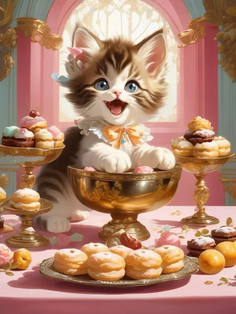 Rococo-inspired oil painting of a playful kitten amidst a lavish arrangement of sweets and pastries, set against a backdrop of ornate silverware and delicate lace, by François Boucher and Jean-Honoré Fragonard, cinematic composition, trending on ArtStation.