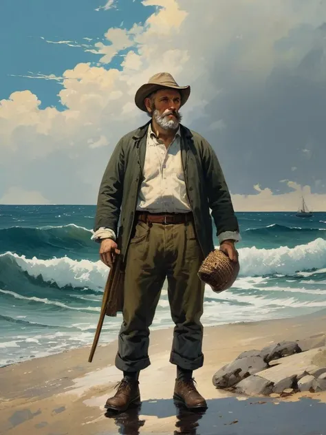 Realist oil painting of a fisherman at sea, battling the waves with a look of determination, every detail from his weathered clothing to the spray of the ocean meticulously rendered, by Winslow Homer and Gustave Courbet, cinematic composition, trending on ArtStation. , full body