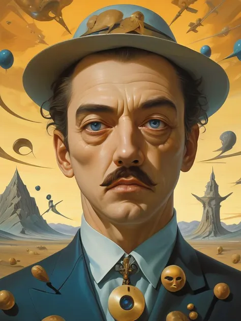 Surrealist oil painting portrait where the subject's face morphs into abstract shapes and symbols that hint at their inner psyche, by Salvador Dalí and René Magritte, cinematic composition, trending on ArtStation.