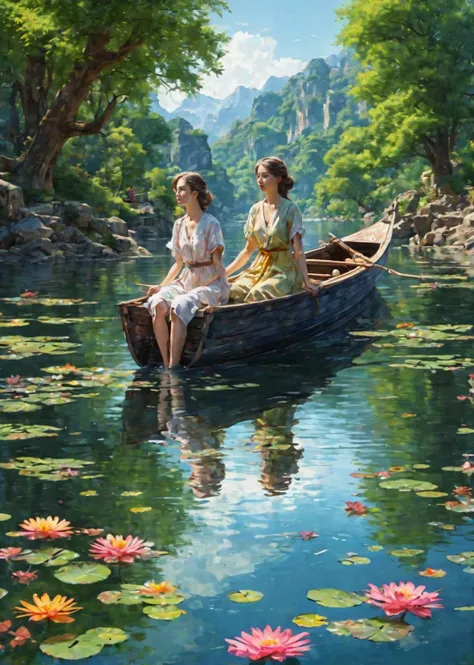 2girls,(masterpiece:1.2),best quality,multicolored,masterpiece,best quality,((an extremely delicate and beautiful)),floating,(detailed wet clothes),(detailed light),feather,nature,(sunlight),river,floating palace,beautiful and delicate water,(bloom),(shine),panorama,landscape,