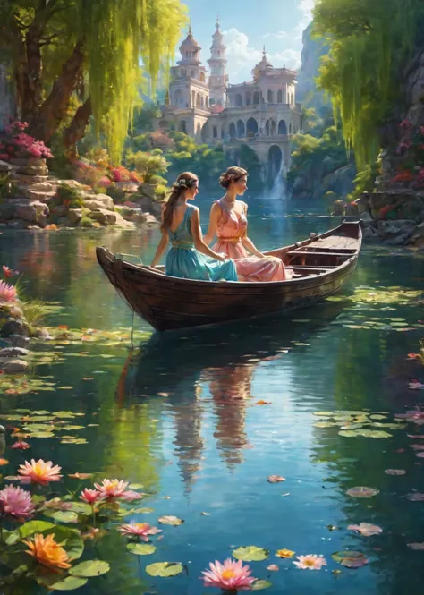 2girls,(masterpiece:1.2),best quality,multicolored,masterpiece,best quality,((an extremely delicate and beautiful)),floating,(detailed wet clothes),(detailed light),feather,nature,(sunlight),river,floating palace,beautiful and delicate water,(bloom),(shine),panorama,landscape,