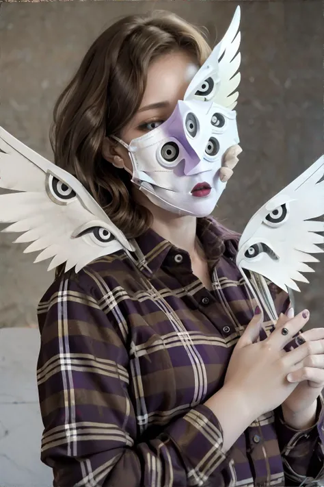 <lora:bzl:0.6>, <lora:biblicalangelmask-freckledvixon:0.7>, bzl_test wearing b1bl1c4l mask, many wings, many eyes, wavy brown hair, purple flannel shirt, || skin, hair, clothing, wings, masterpiece, 8k, high resolution, shallow depth of field, sharp focus