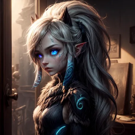 (masterpiece), (best quality), (extremely detailed CG unity 8k wallpaper), (ultra-detailed), (best illustration), (best shadow), (cinematic lighting), (depth of field)(ultra high res),finely detail, absurdres, incredibly absurdres, ultra-detailed, highres, extremely detailed eyes <lora:more_details:1> <lora:Kindred:1> kindred, long hair, blue eyes, animal ears, tail, glowing eyes, sheep ears, humanization,