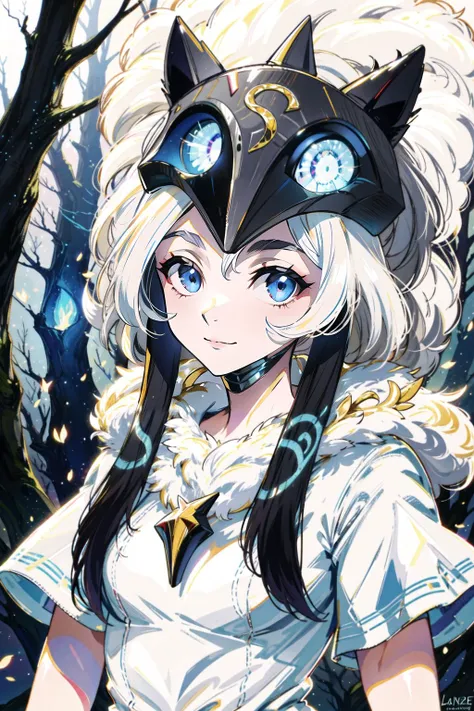 best quality,masterpiece,1girl,solo,solo focus,<lora:åç:1>,kindred,lamb,(white fur:1.2),(white skin),unmasked,blue eyes,glowing eyes,(mask on head:1.2),upper body,small breasts,(white dress:1.3),looking at viewer,light smile,closed mouth,forest,ornate,blue fire,