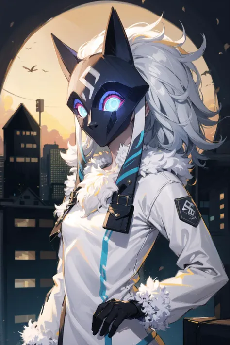 best quality,masterpiece,1girl,solo,solo focus,<lora:åç:1>,kindred,lamb,(white fur:1.2),(white skin),(unmasked),blue eyes,glowing eyes,upper body,small breasts,mask on head,
looking at viewer,light smile,closed mouth,blue fire,shirt,jacket,white jacket,
outdoors,city,street,night,full moon,