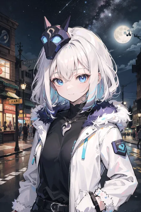 best quality,masterpiece,1girl,solo,solo focus,<lora:åç:1>,kindred,lamb,(white fur:1.2),(white skin),(unmasked),blue eyes,glowing eyes,upper body,small breasts,mask on head,
looking at viewer,light smile,closed mouth,blue fire,shirt,jacket,white jacket,
outdoors,city,street,night,full moon,