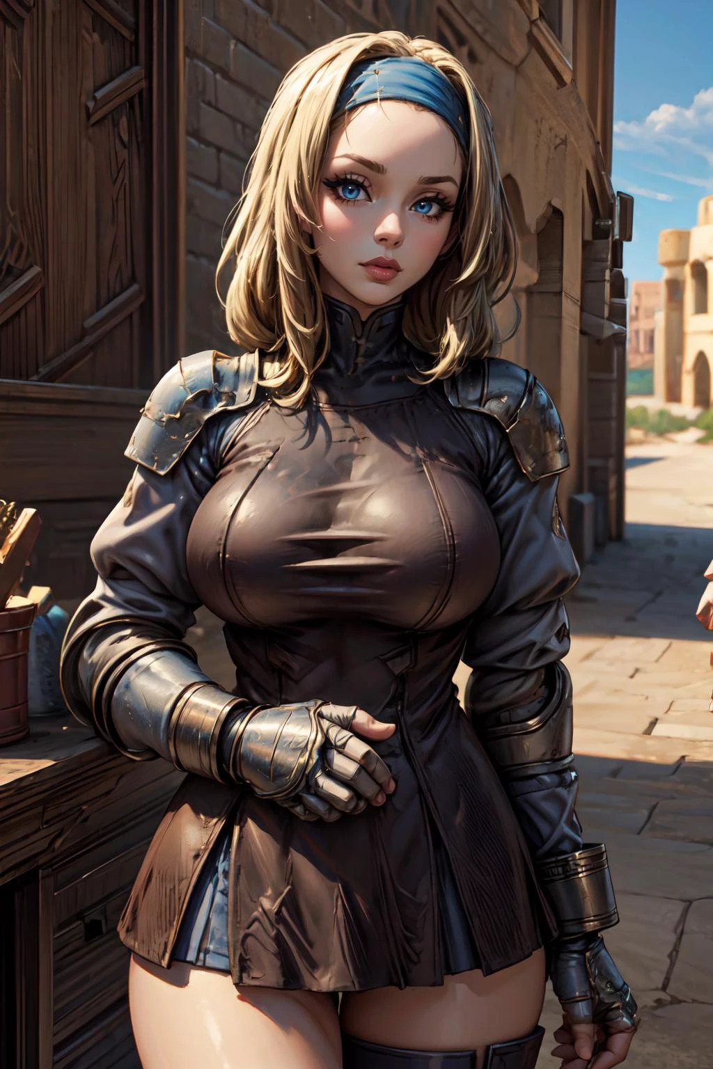 (masterpiece, 8k, 4k, extremely detailed, best quality, absurdres:1.4) nice hands, perfect hands, 1girl,  mature, milf, (huge tits:1.3),<lora:more_details:1>  <lora:FinalFantasy_FemaleSquire:lbw=inall:1> SquireFFT, long hair, blonde, blue eyes, headband, armor, brown dress, gauntlets, pauldrons, shoulder armor, greaves, thighhighs, <lora:ffxii-nvwls-v1:lbw=outall:1> 12style, desert, city, castle, sand, background out of focus, depth of field