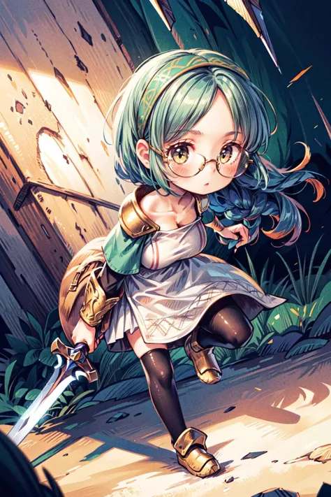 <lora:FinalFantasy_FemaleChemist:0.87>, ((SquireFFT, long hair, blonde, blue eyes, headband, armor, brown dress, gauntlets, pauldrons, shoulder armor, greaves, thighhighs, holding sword)):1.22,
BREAK((1woman, adorable, cute , clear face, solo), (full body:1.35), ((a woman wearing a sliver clear glasses):1.2)),
BREAK(perfect(anatomy,body,face,hand,leg,foot,finger),(yellow eyes, multicolored hairs, very long hairs):1.2, cleavage),
BREAK(soft light, light on face, cinematic lighting,dynamic angle, dynamic posture, detailed shadow, detailed lightning, (wide view, wide-angle lens)),
BREAK(beautiful detailed woman, glossy pink lips, (milky skin, shiny skin):1.25, makeup, blush,eyeliner, eyeshadow, eyelashes, textured skin, collarbone, perfect skin)
BREAK(<lora:more_details:0.7>, extremely detailed, CG, 8k Amazing, finely detail, (masterpiece:2.0, best quality), (intricate details, depth of field)),
BREAK((<lora:uber_saggy2:0.66>, saggy, sagging_breasts, (huge breasts))),
in training ground, detailed training field, dummy training, sword practice,