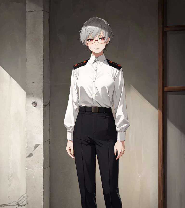 masterpiece, best quality, 1girl, solo, female, short hair, grey hair, red eyes, scars, scarred, face scars, <lora:Maki:0.3>, expressionless, blank eyes, round glasses, military uniform, shirt, pants