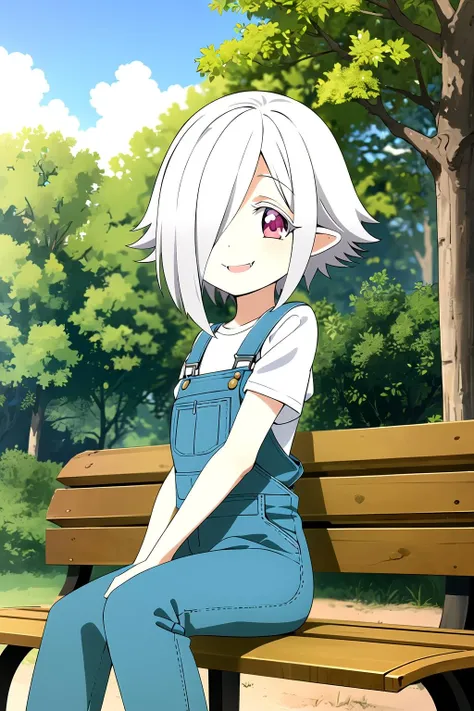 masterpiece, 1girl, persephoneii, silver hair, overalls, fang, smile, forest, park, bench, clouds, sky, highly detailed